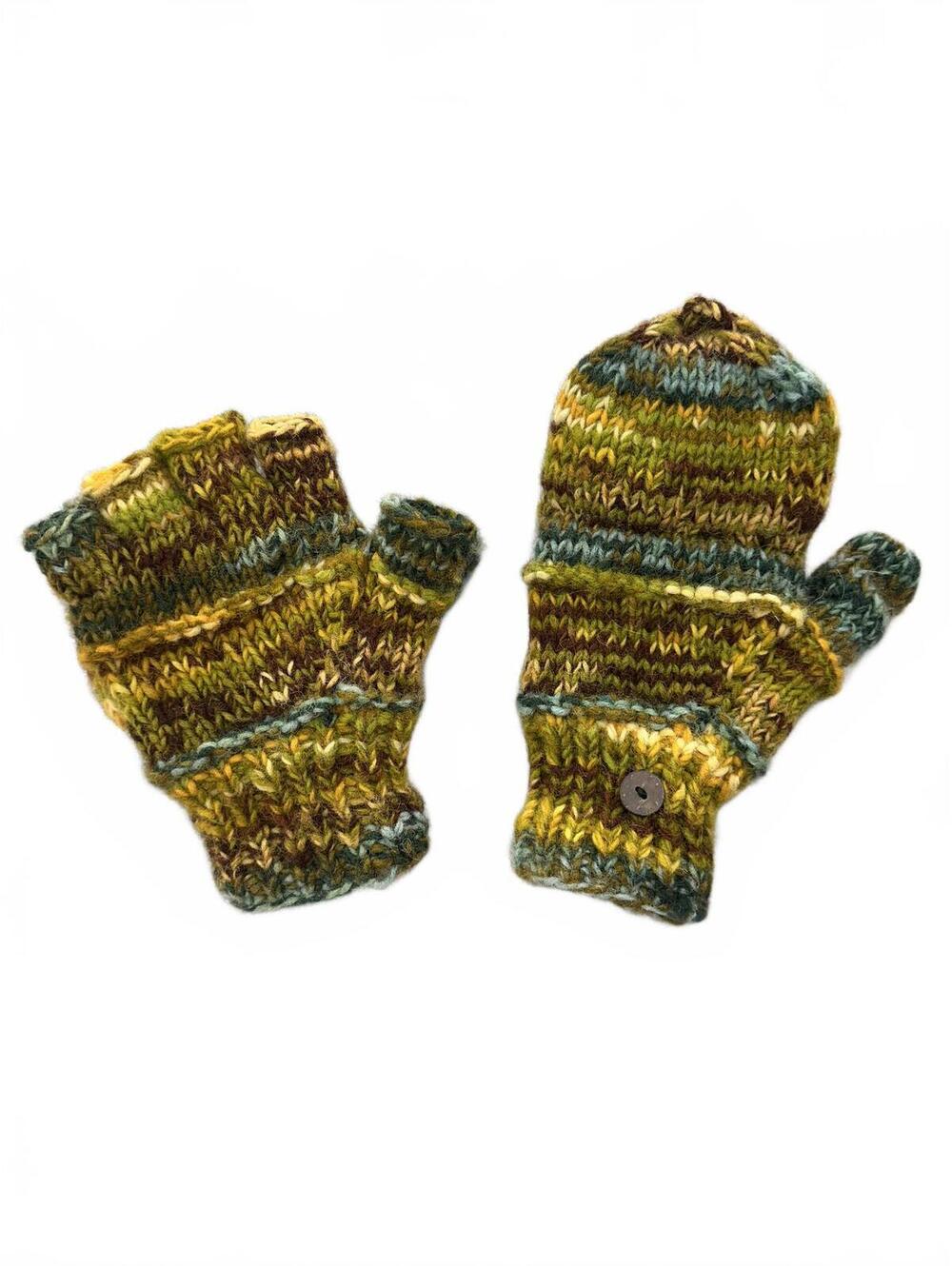 Handmade Chunky Knit Convertible Mittens Gloves with Earthy Green Blue Brown